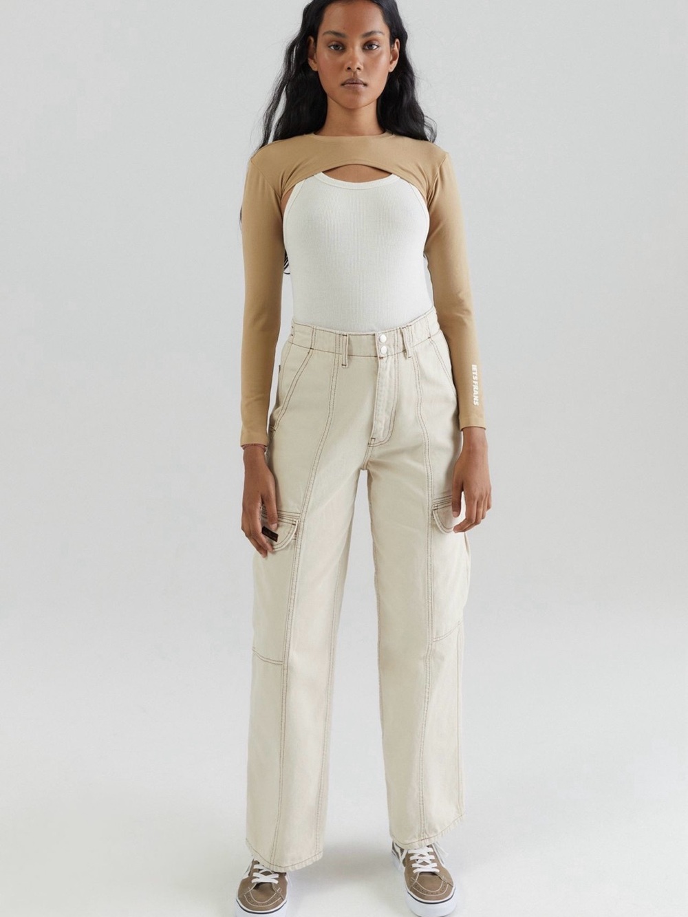 BDG Cream Elastic-Waist Skate Pants with Contrast Stitching